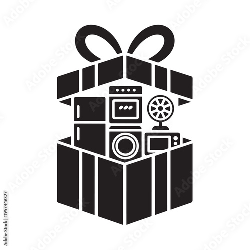 An opened gift box revealing various electronic devices inside
