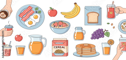 Breakfast Food Set with Pancakes Cereal Eggs Bacon Juice and Fruits, Morning Meal Collection for Healthy Eating, Nutrition, and Food Illustration Design