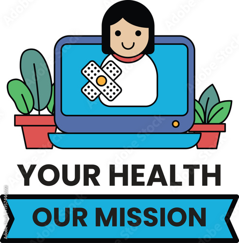 Simple line art shows a smiling person on a laptop screen