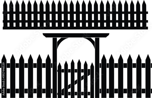 Black silhouette of a classic wooden picket fence and garden gate with arched pergola arbor isolated on white background for landscape design architectural elements. (25 words)
