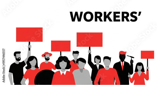 Industrial Labor Strike Scene with Sad Workers Holding Placards About Fair Wages and Workers Rights Vector Illustration