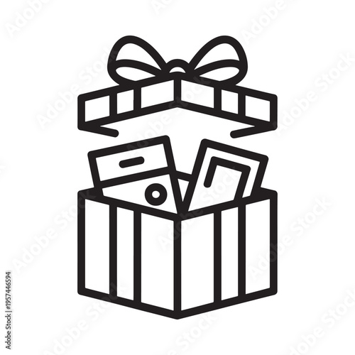 Open gift box with money inside a simple line art illustration