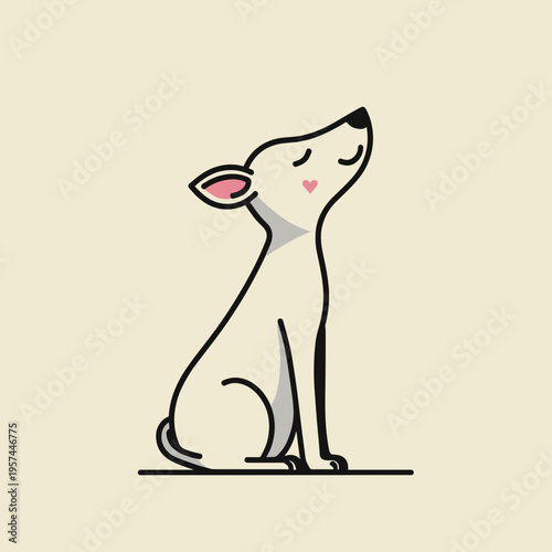 minimalist illustration of a small white dog sitting and looking up with eyes closed on light beige background, cute pet character with a heart on its cheek in simple line art style