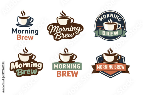 Morning brew coffee logos collection with cups and steam designs
