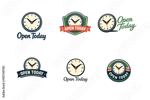 Open today clocks: vintage style business signs and logos