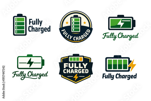 Fully charged battery logos with energy symbol variations
