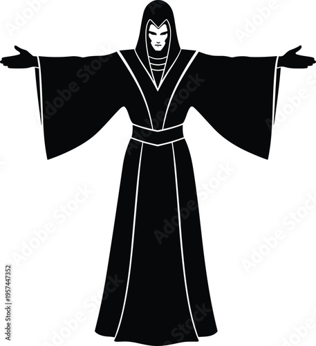 Black silhouette of a mysterious wizard in hooded robes standing with open arms, occult dark priest character, fantasy cult leader, spooky halloween vector illustration.