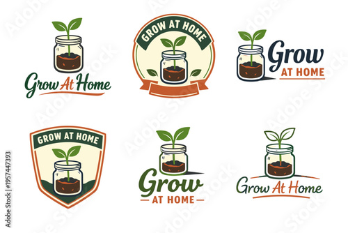 Set of grow at home logo designs featuring plants in jars