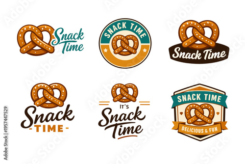 Variety of snack time pretzel logos with creative typography and design elements