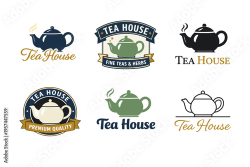 Tea house logos featuring teapots and elegant designs