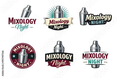 Mixology night logos with cocktail shaker designs in various styles