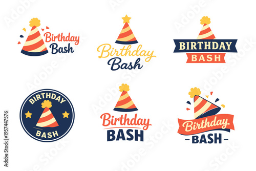 Colorful birthday bash logos with party hat and confetti designs