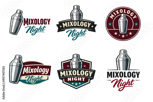 Mixology night logos with cocktail shaker designs in various styles