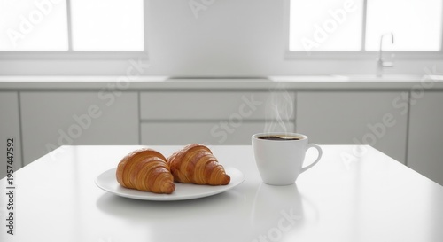 Two fresh croissants and a cup of hot coffee on a white kitchen countertop.