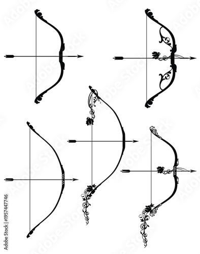 fantasy elf archer stretched bow with arrow among rose flowers design set - vector fairy tale shooting weapon decorative outline