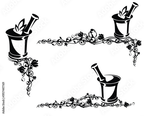 mortar and pestle for grinding medical ingredients - herbal medicine and aromatherapy antique utensil  among rose flowers black and white vector border design