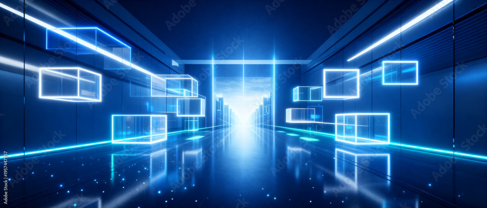Obraz premium Futuristic Blue Corporate Corridor with Glowing Cubes and Clean Tech Environment