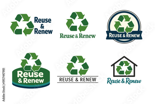 Collection of reuse and renew logos with recycling symbols in various designs