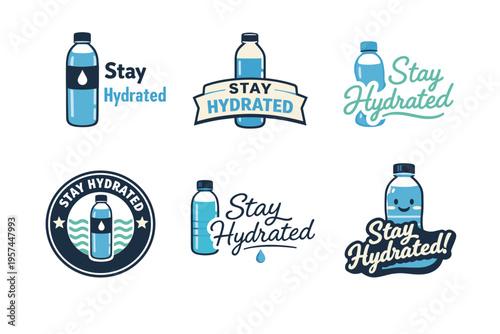 Collection of stay hydrated logos featuring water bottles and creative typography