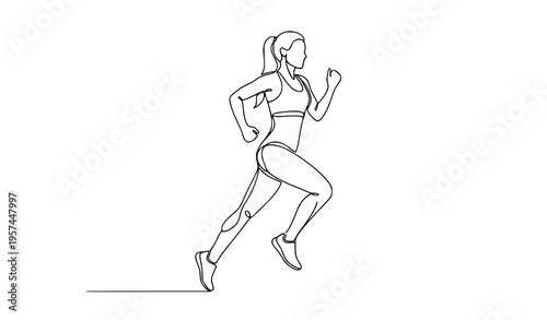 Continuous line running woman vector elegant female fitness motion outline isolated on white background