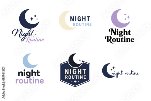 Night routine logos with crescent moon and stars in various styles
