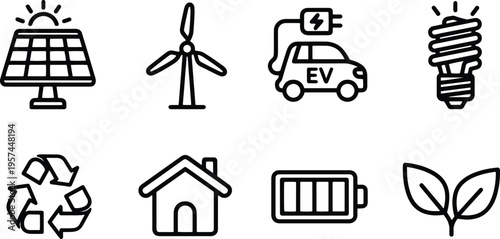 A set of vector line art silhouettes illustrating eco-friendly and sustainable energy solutions in a modern bundle