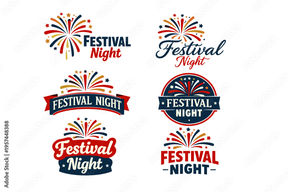 Fototapeta premium Festival night fireworks badges with stars and stripes in red, blue, and gold