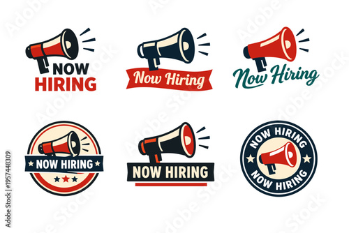 Set of now hiring megaphone labels in various designs