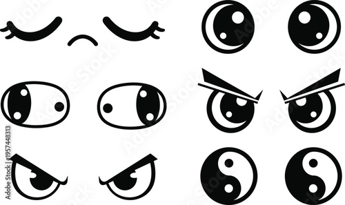 Set of cartoon eye expressions featuring kawaii anime manga and s featuring kawaii anime manga and angry styles with yin yang symbols for character design stickers and emotional graphic iconsSetonal 
