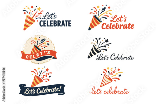 Festive celebration icons with colorful confetti and party popper designs