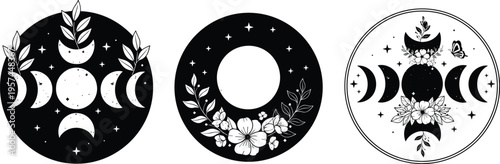 Set of circular celestial moon phase illustrations with botanical flowers and stars for mystical boho branding spiritual magic and esoteric graphic design projects
