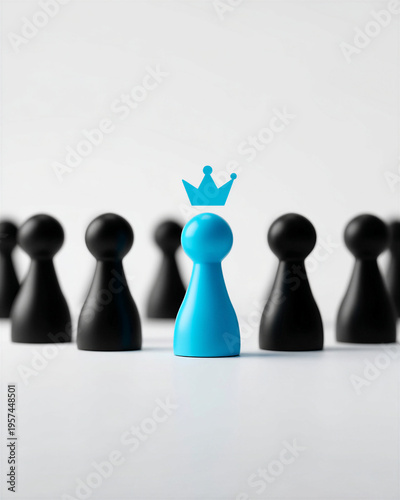 Corporate marketing concept with blue leader pawn in row