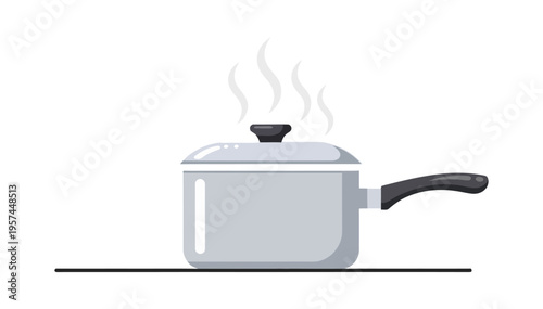 Steaming pot with lid and handle on stove top cooking surface