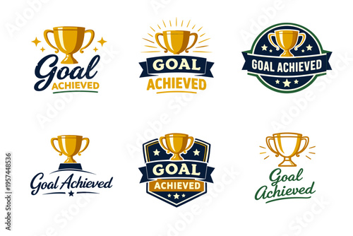 Goal achieved badges with trophies and stars in various designs