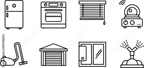 A set of vector line art silhouettes depicting various household appliances and devices in a simple style