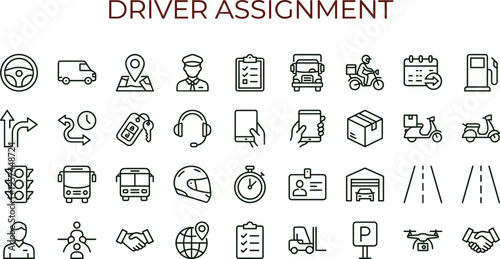Driver assignment outline icon set featuring fleet navigation scheduling delivery interface symbols for transportation management applications