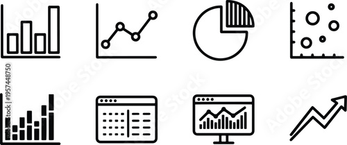 A set of vector line art silhouettes depicting various business and finance charts and graphs