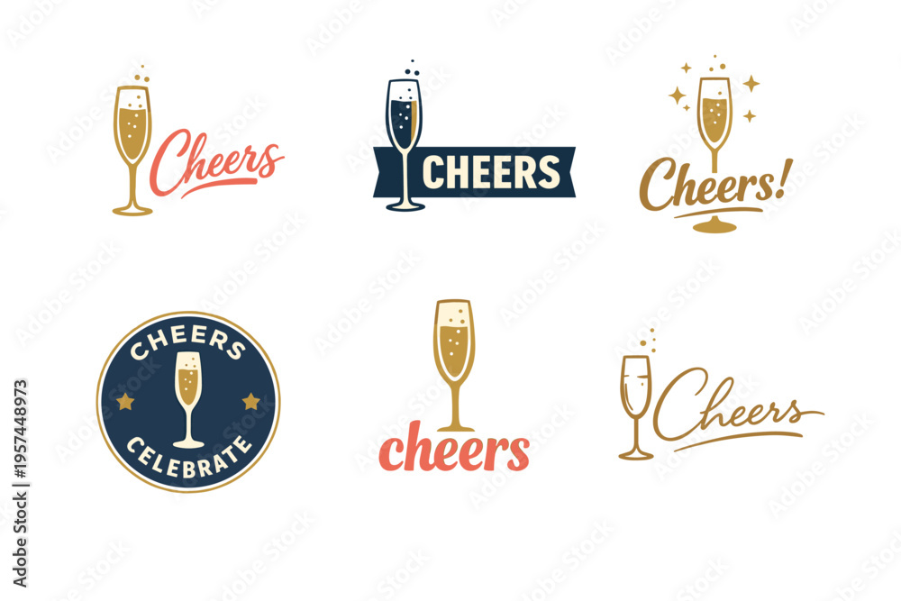 Naklejka premium Cheers celebration icons set with champagne glasses and text designs