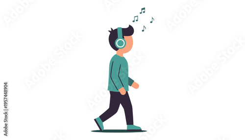 Young man walking while listening to music on headphones with a carefree expression