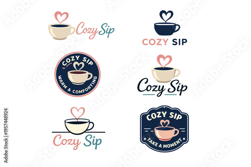 Cozy sip logo collection with heart and coffee cup variations