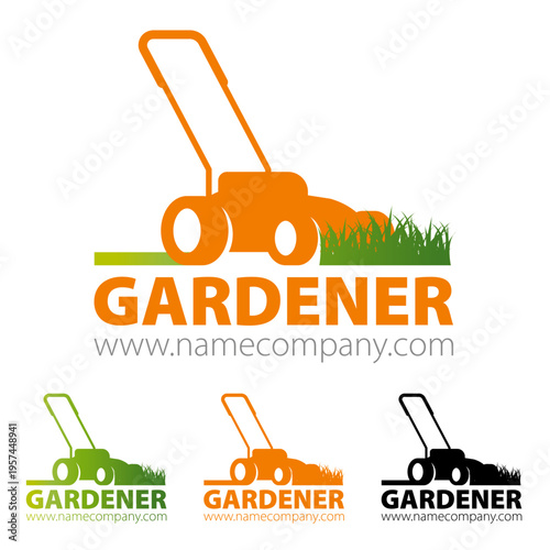 Gardening logo with lawn mower – landscaping service vector design