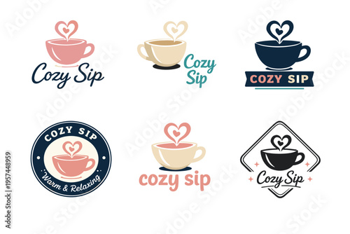 Cozy sip logo collection with heart and teacup designs