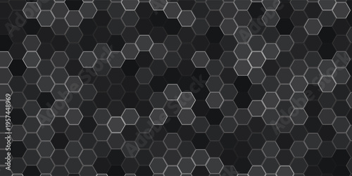 Dark technology hexagonal vector background. Abstract blue bright energy flashes under hexagon in dark technology modern futuristic background vector illustration. Gray honeycomb texture grid