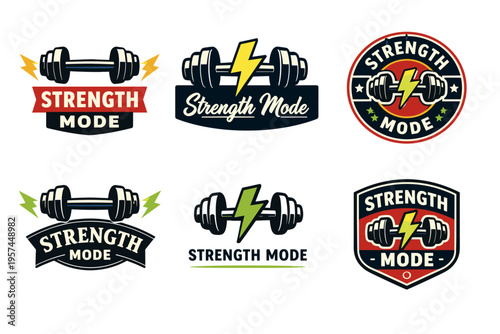 Strength mode gym logos featuring dumbbell and lightning bolt designs