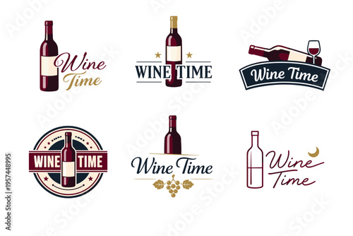 Collection of wine time logos featuring bottles and grapes