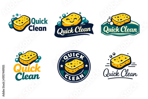 Six variations of quick clean sponge logos with bubbles and soap
