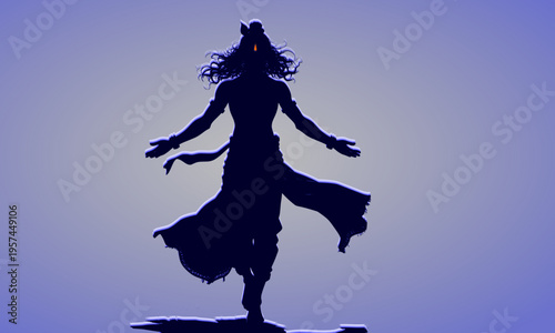 Lord Krishna Divine Silhouette in Graceful Dancing Pose with Flowing Robes Against Purple Blue Mystical Background, Sacred Hindu God Spiritual Art