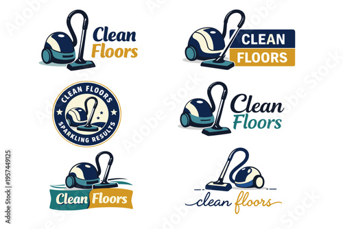 Collection of clean floors vacuum logos in various styles and designs