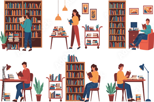 Bild auf Leinwand Diverse People Reading Books in a Cozy Library or Bookstore with Large Bookshelv