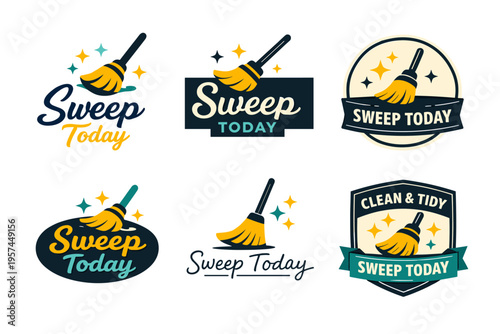 Sweep today logos with broom illustrations in various designs